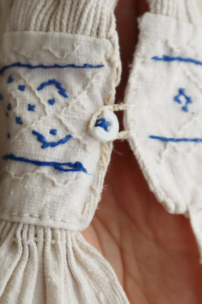 1940s Homespun Linen Romanian Blouse Blue And Ivory Hand Embroidery