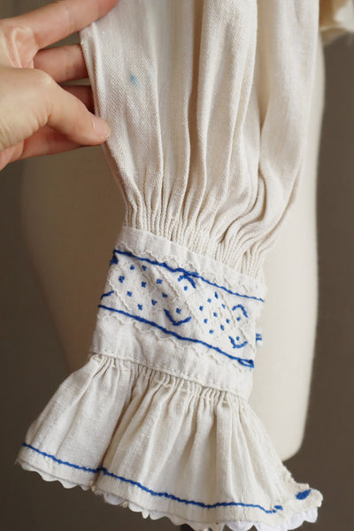 1940s Homespun Linen Romanian Blouse Blue And Ivory Hand Embroidery
