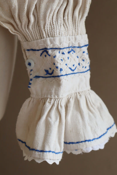 1940s Homespun Linen Romanian Blouse Blue And Ivory Hand Embroidery
