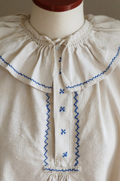 1940s Homespun Linen Romanian Blouse Blue And Ivory Hand Embroidery