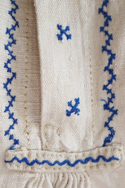 1940s Homespun Linen Romanian Blouse Blue And Ivory Hand Embroidery