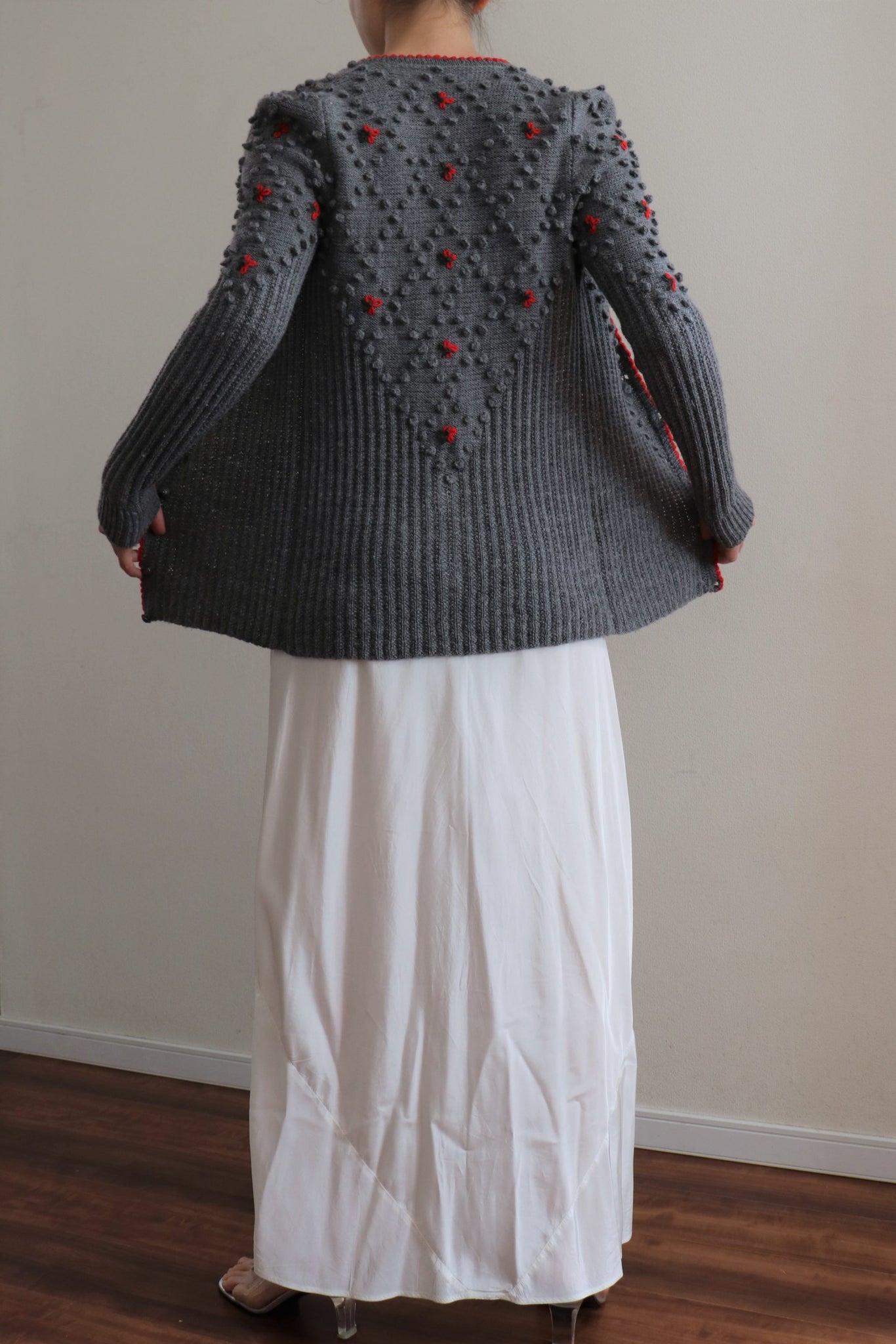 Austrian Hand knit Cardigan Embroidered Flowers Gray