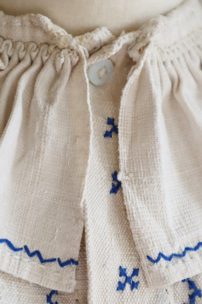1940s Homespun Linen Romanian Blouse Blue And Ivory Hand Embroidery