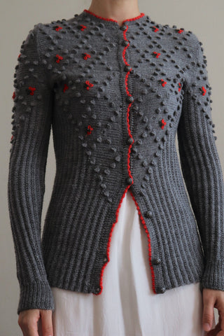 Austrian Hand knit Cardigan Embroidered Flowers Gray