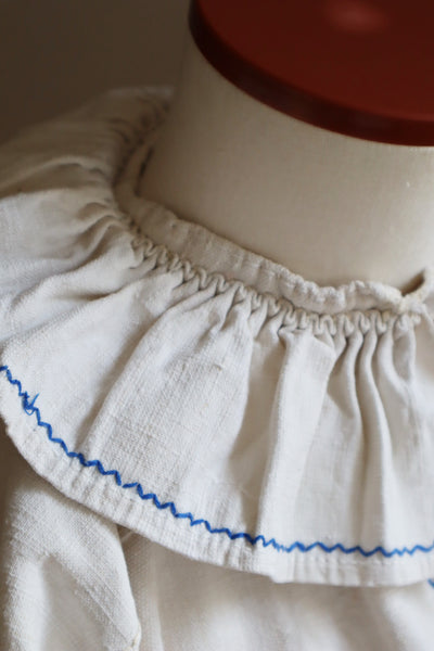 1940s Homespun Linen Romanian Blouse Blue And Ivory Hand Embroidery