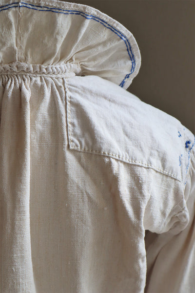 1940s Homespun Linen Romanian Blouse Blue And Ivory Hand Embroidery
