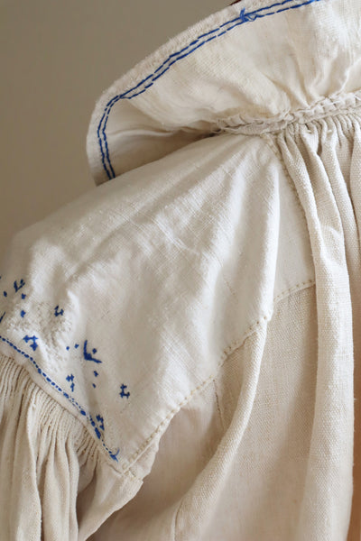 1940s Homespun Linen Romanian Blouse Blue And Ivory Hand Embroidery