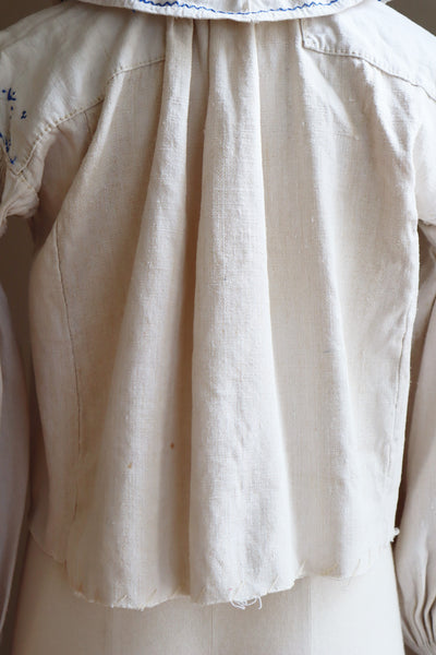 1940s Homespun Linen Romanian Blouse Blue And Ivory Hand Embroidery