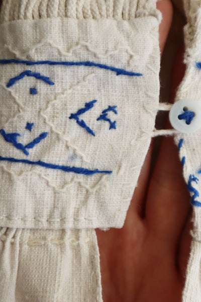 1940s Homespun Linen Romanian Blouse Blue And Ivory Hand Embroidery