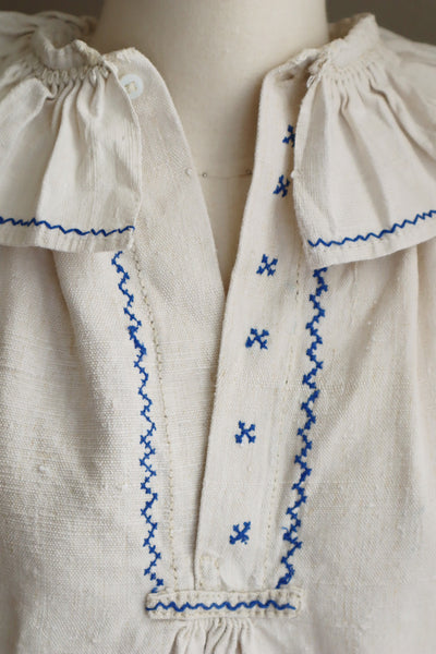 1940s Homespun Linen Romanian Blouse Blue And Ivory Hand Embroidery