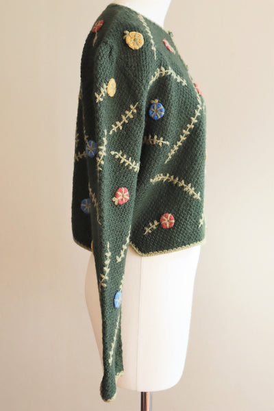 70s Bavarian Hand Knit Floral Embroidered Cardigan Green