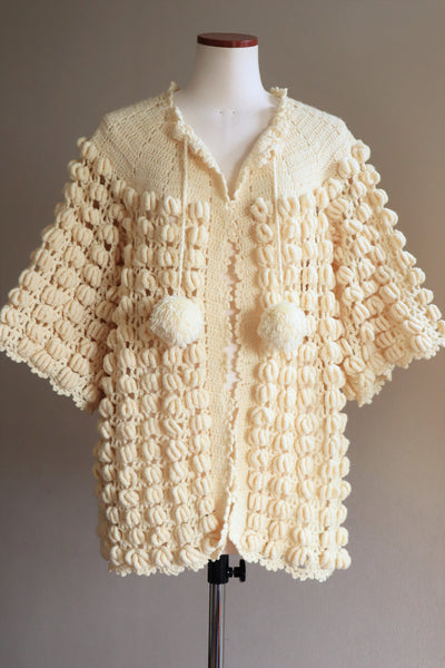 80s Hand Knit Open Front Pompom Cardigan