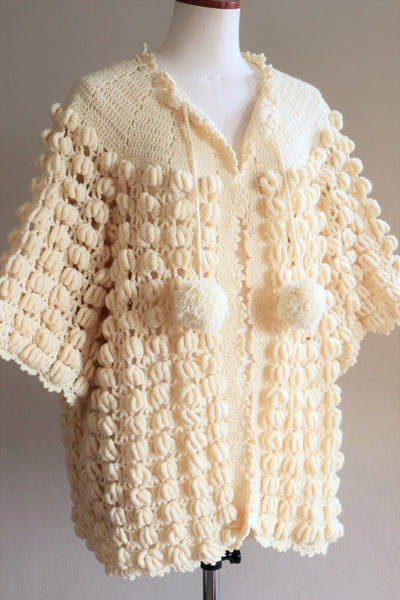 80s Hand Knit Open Front Pompom Cardigan