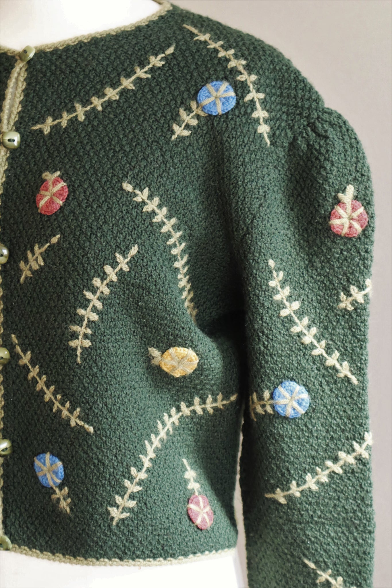 70s Bavarian Hand Knit Floral Embroidered Cardigan Green