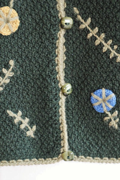 70s Bavarian Hand Knit Floral Embroidered Cardigan Green