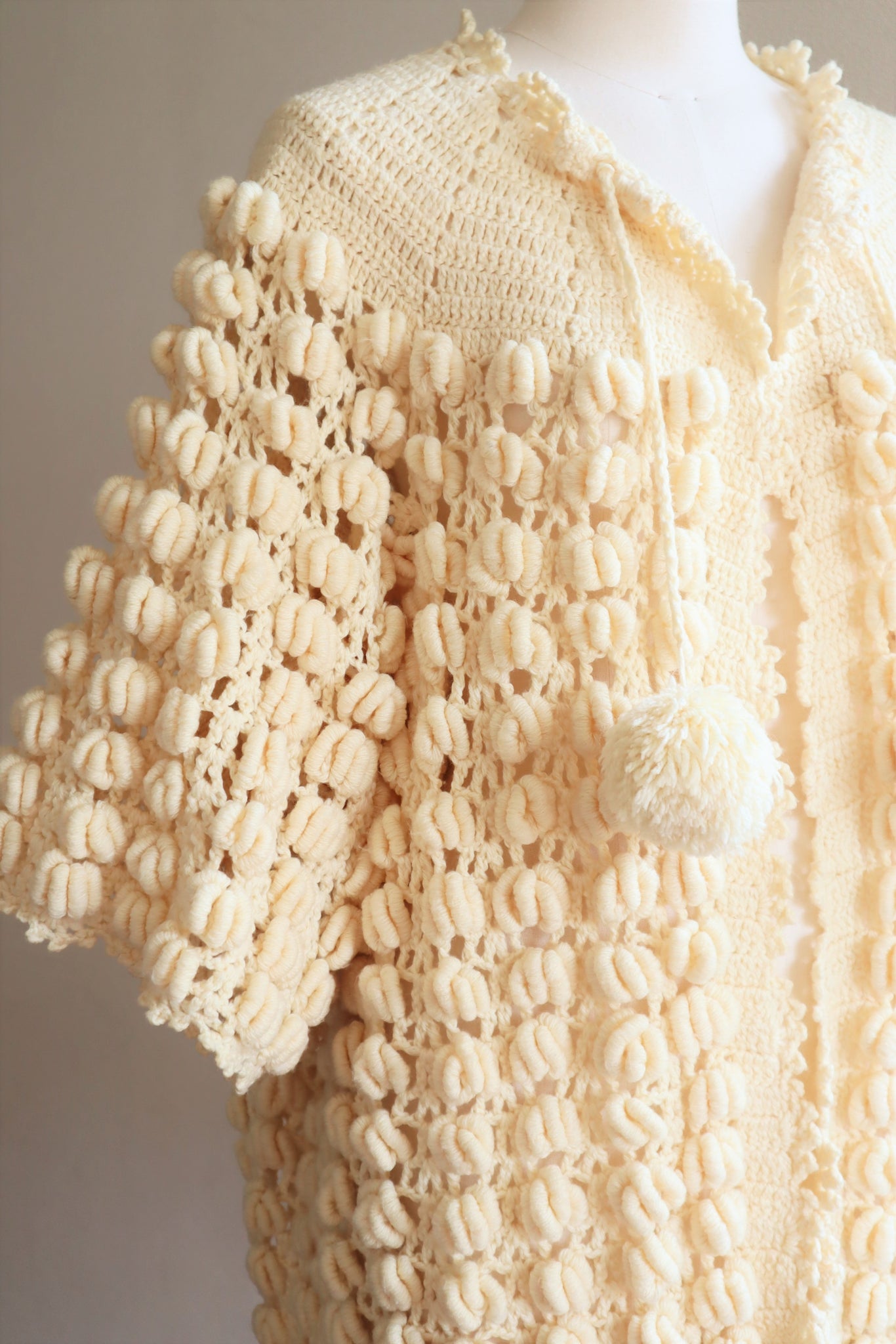 80s Hand Knit Open Front Pompom Cardigan