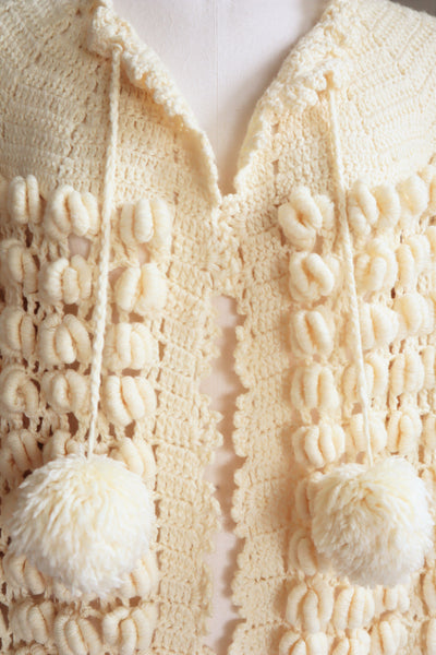 80s Hand Knit Open Front Pompom Cardigan