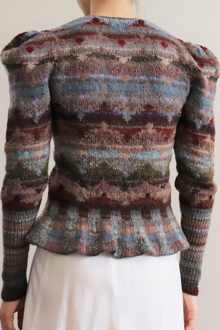 80s Hand knit Cardigan Puff Sleeve Multi Gray