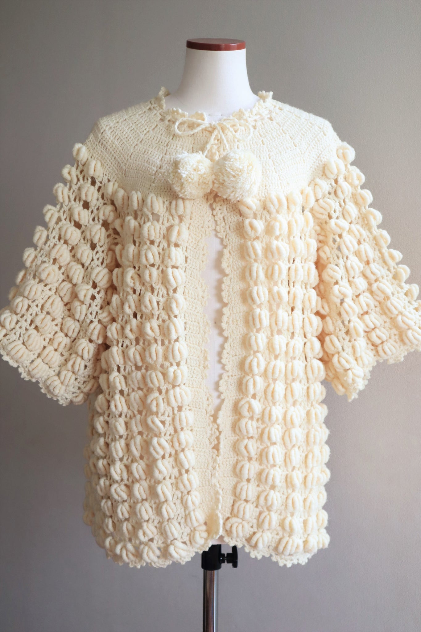 80s Hand Knit Open Front Pompom Cardigan