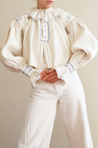 1940s Homespun Linen Romanian Blouse Blue And Ivory Hand Embroidery