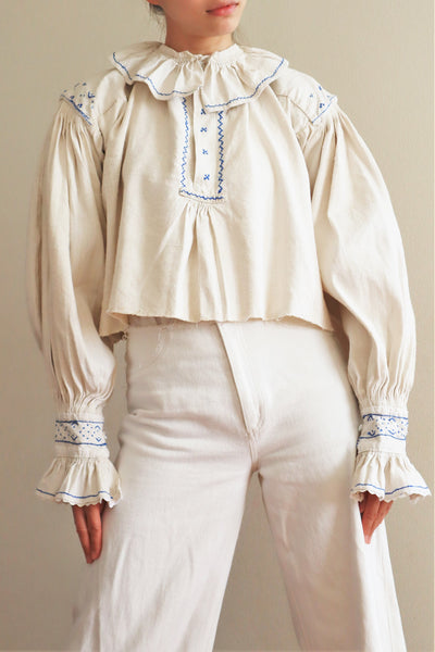 1940s Homespun Linen Romanian Blouse Blue And Ivory Hand Embroidery