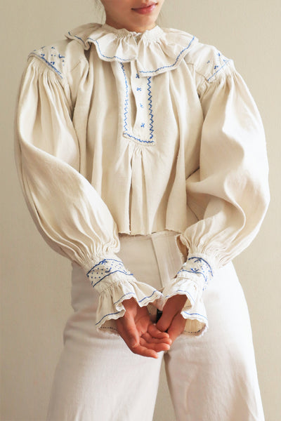 1940s Homespun Linen Romanian Blouse Blue And Ivory Hand Embroidery