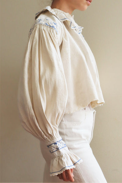 1940s Homespun Linen Romanian Blouse Blue And Ivory Hand Embroidery