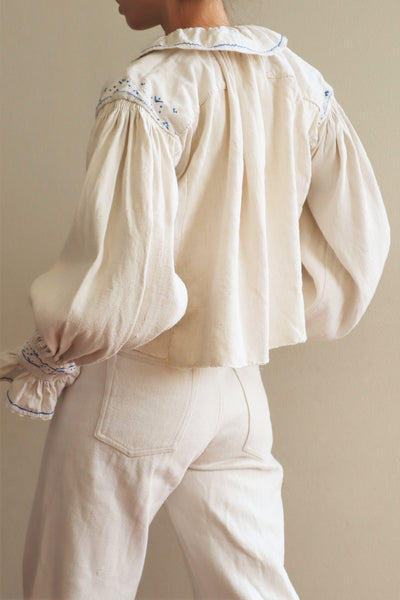 1940s Homespun Linen Romanian Blouse Blue And Ivory Hand Embroidery