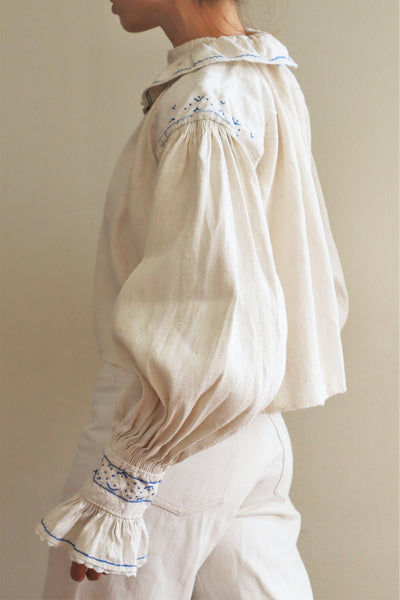 1940s Homespun Linen Romanian Blouse Blue And Ivory Hand Embroidery