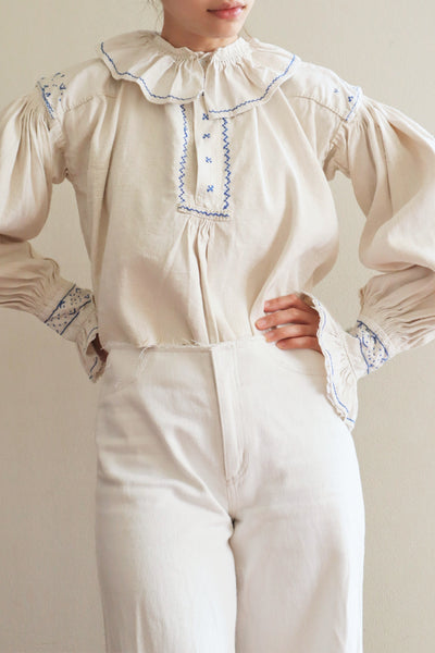 1940s Homespun Linen Romanian Blouse Blue And Ivory Hand Embroidery