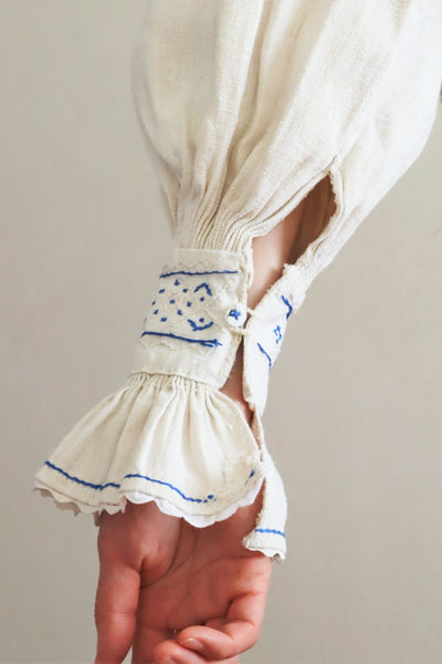 1940s Homespun Linen Romanian Blouse Blue And Ivory Hand Embroidery