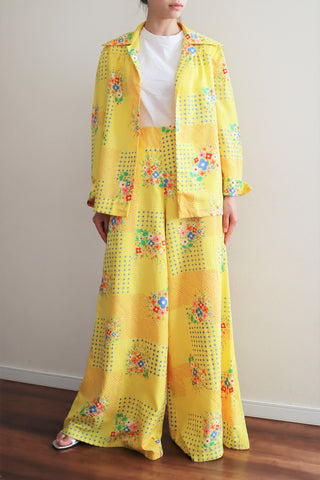 70s Yellow With Floral Blouse And Pants Set