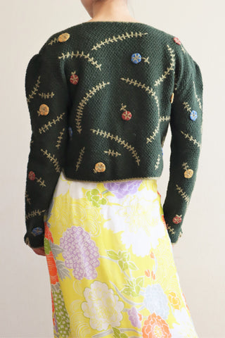 70s Bavarian Hand Knit Floral Embroidered Cardigan Green
