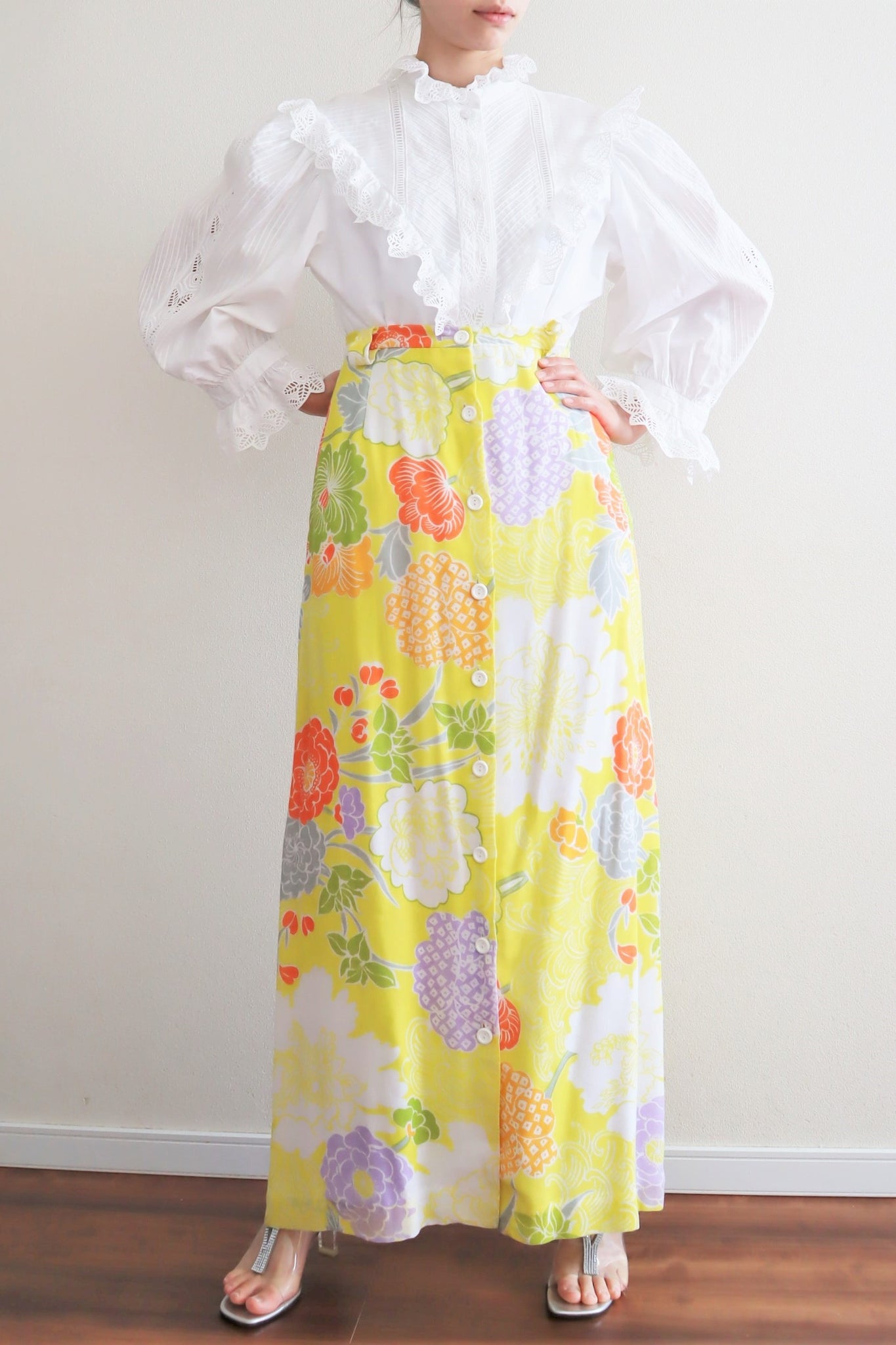 70s Cotton Gaze Floral Maxi Skirt