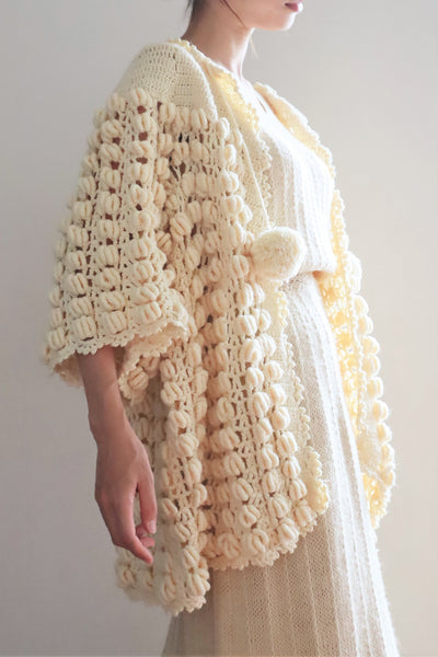 80s Hand Knit Open Front Pompom Cardigan