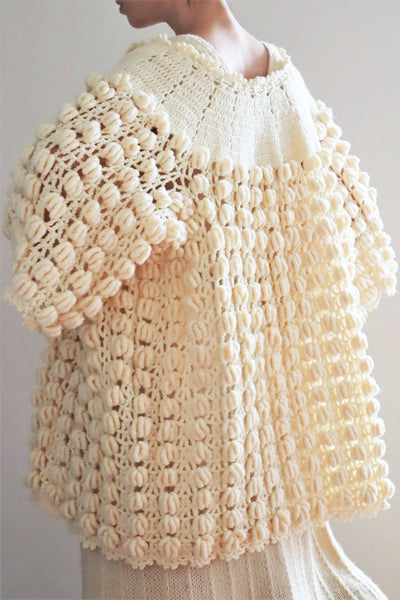 80s Hand Knit Open Front Pompom Cardigan