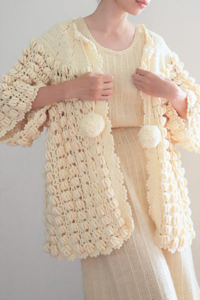 80s Hand Knit Open Front Pompom Cardigan