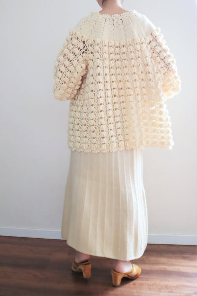 80s Hand Knit Open Front Pompom Cardigan