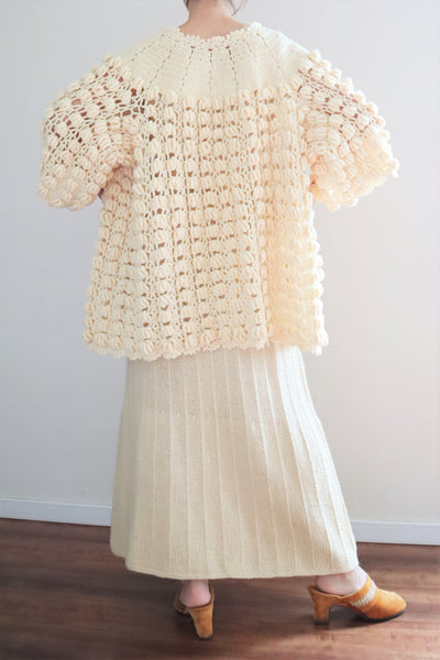 80s Hand Knit Open Front Pompom Cardigan