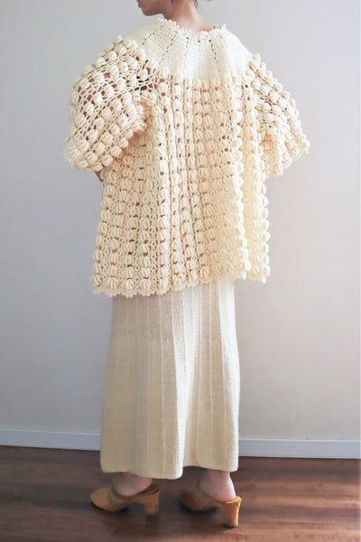 80s Hand Knit Open Front Pompom Cardigan