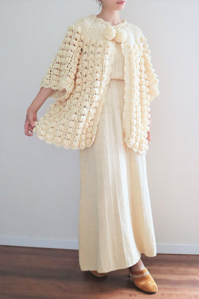 80s Hand Knit Open Front Pompom Cardigan