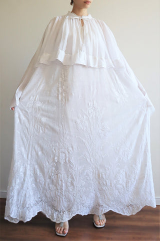 1900s Floral Lace White Cotton Gauze Church Smock Long Dress