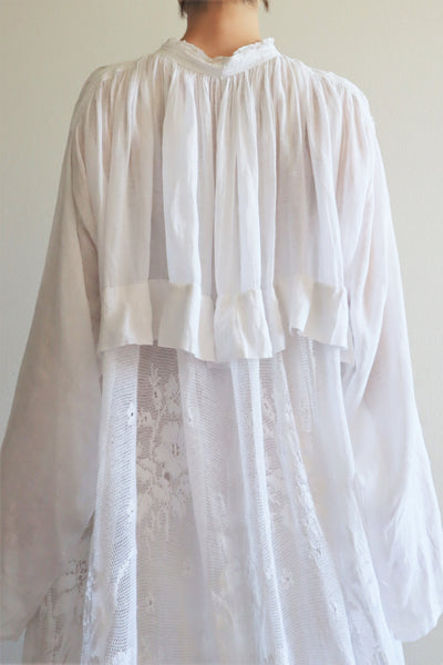 1900s Floral Lace White Cotton Gauze Church Smock Long Dress