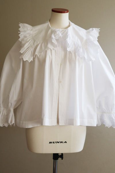 1890s~1900s Edwardian Big Collar White Cotton Ruffled Blouse