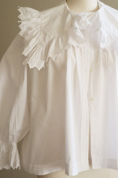 1890s~1900s Edwardian Big Collar White Cotton Ruffled Blouse