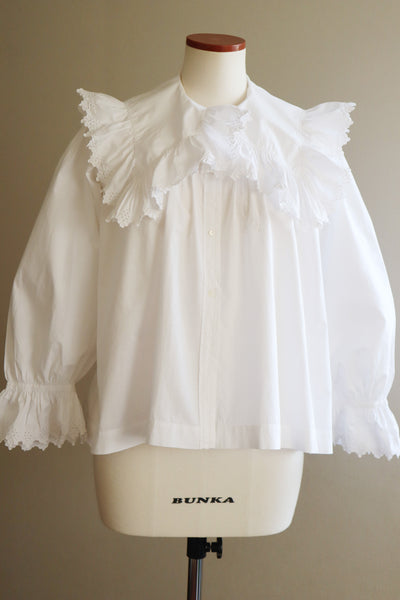 1890s~1900s Edwardian Big Collar White Cotton Ruffled Blouse