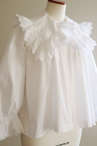 1890s~1900s Edwardian Big Collar White Cotton Ruffled Blouse