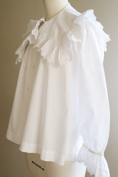 1890s~1900s Edwardian Big Collar White Cotton Ruffled Blouse