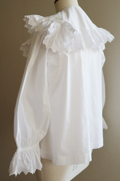 1890s~1900s Edwardian Big Collar White Cotton Ruffled Blouse