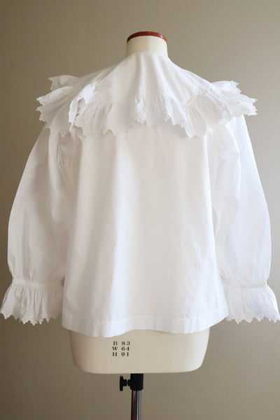 1890s~1900s Edwardian Big Collar White Cotton Ruffled Blouse